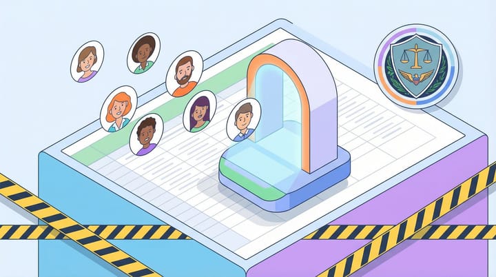 Isometric illustration of dating profile photos flowing into a facial recognition scanner with FTC seal and spreadsheet grid background