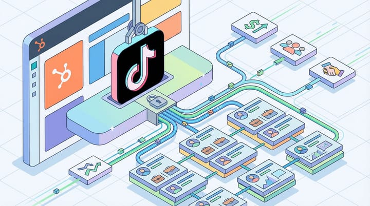 Isometric illustration of a HubSpot-style CRM dashboard with a TikTok icon being locked into place, showing data streams flowing into contact records and attribution metric tiles.