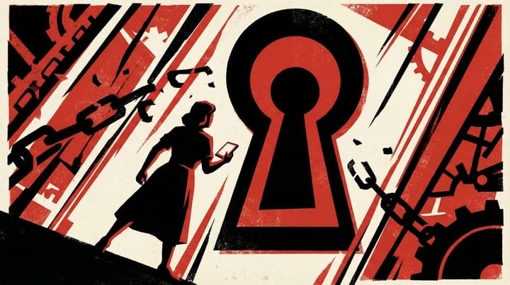 Bold propaganda-style poster with giant keyhole over a woman holding a smartphone, broken padlock chain, red and black color scheme, block lettering reading DISCRETION
