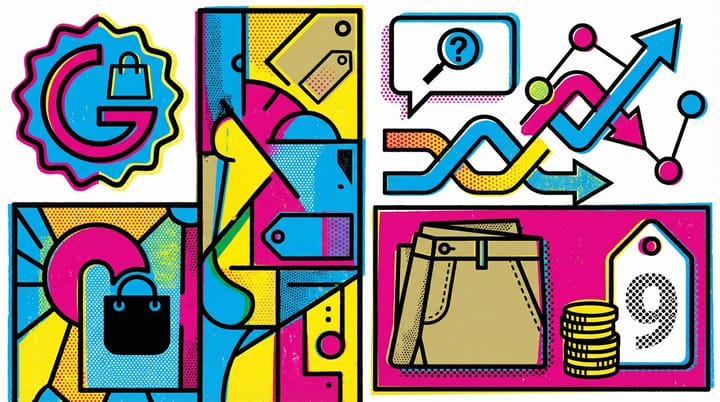Pop art illustration of a Google AI Mode product panel showing a sponsored stores ad label above organic retailer listings with Gap chinos at $29