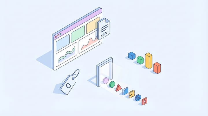 Isometric illustration of a bare-bones ad dashboard with CSV file, price tag, and brand logos queuing at a doorway