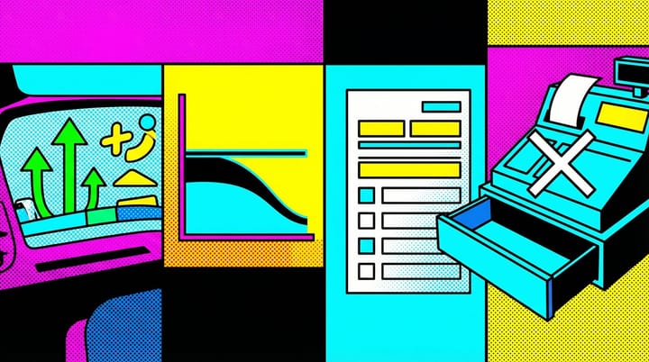 Split-screen pop art showing green Google Ads conversion dashboard beside a flatlined Stripe revenue chart with trial signup forms scattered between them