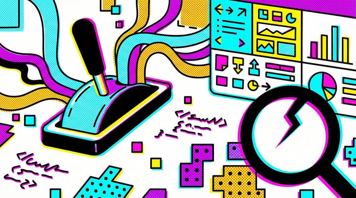 Pop art illustration of a single toggle switch absorbing multiple conversion data streams with a cracked magnifying glass