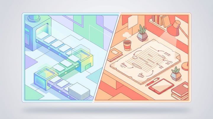 Isometric illustration of identical white document pages on a conveyor belt beside a single editorial page with handwritten red annotations