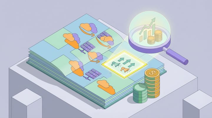 Isometric illustration of a corporate letter with AWS text repeated across pages and a small advertising section buried beneath stacks of revenue