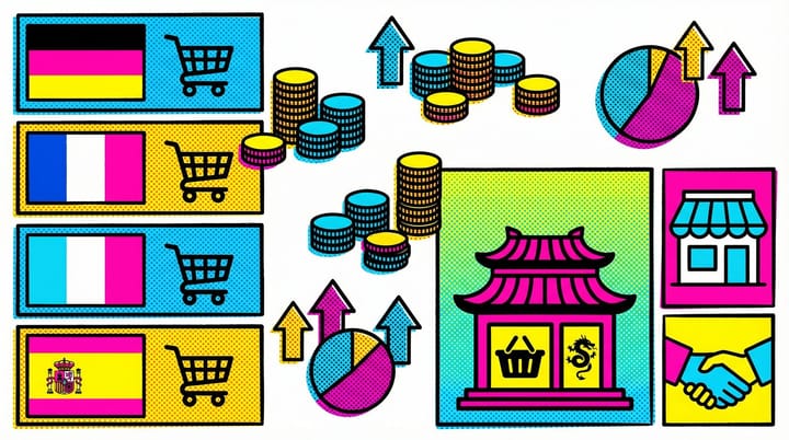Pop art illustration of Google Shopping auction grid with EU flags and competing marketplace storefronts showing bid numbers