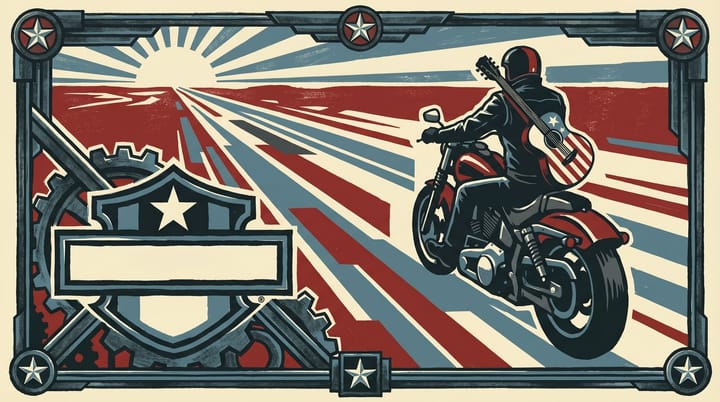 Propaganda-style poster of a Harley-Davidson motorcycle silhouette on an open road with bold bar and shield logo and retro Americana imagery