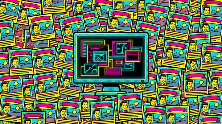 Pop art illustration of glowing code on a monitor surrounded by grids of identical fake lifestyle blog windows with ad banners
