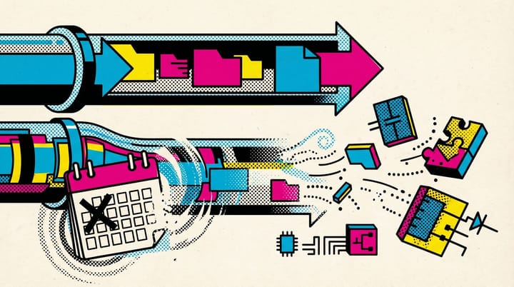 Two parallel data pipelines for Google Shopping feeds in pop-art style, one fading out with a deadline calendar and disconnected product feed labels