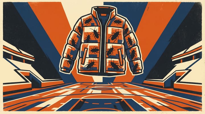 Propaganda-style poster of a transparent puffer jacket filled with cockroaches against orange and blue Knicks colors