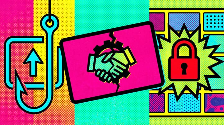 Pop art illustration of a fishing hook emerging from a contact form button with fake business cards and a red lock icon on a Google Ads dashboard