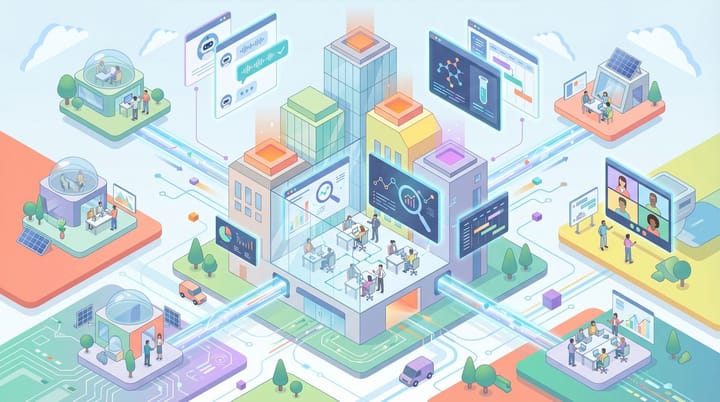 Isometric illustration of interconnected enterprise hub with AI search dashboards, chatbot interfaces, and satellite team nodes