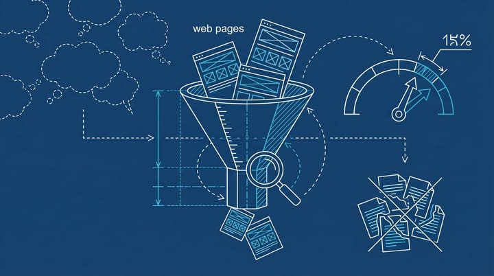 Blueprint diagram showing web pages entering a citation funnel where 85 percent are filtered out by Google ranking authority signals