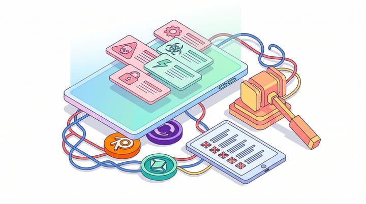 Isometric illustration of overlapping AI disclosure labels on digital ad screens with platform icons and regulatory symbols