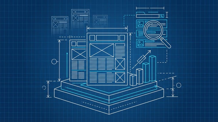Blueprint visualization of newspaper mastheads on a podium with rising bar charts showing Google search visibility gains for major publishers