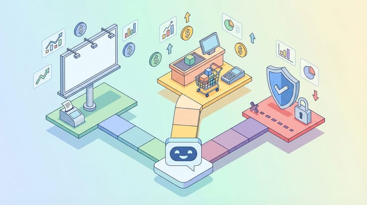 Three diverging pathways from a chatbot interface showing ads, checkout, and trust shield in isometric style