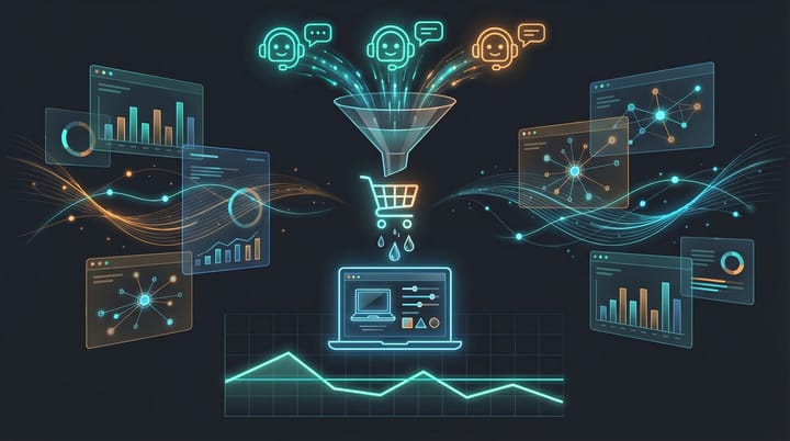 Dark data visualization of ecommerce funnel with AI agent traffic flowing in and conversion metrics trending flat across product categories
