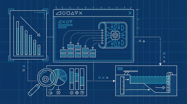 Blueprint-style diagram of search engine results with declining click-through rate bars and category data breakdown charts