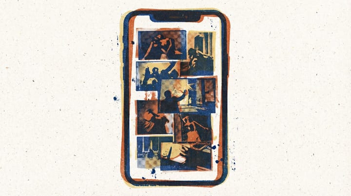 Stacked vertical phone screen with 21 numbered TikTok clips of a prestige TV drama, risograph halftone texture, bold editorial type.