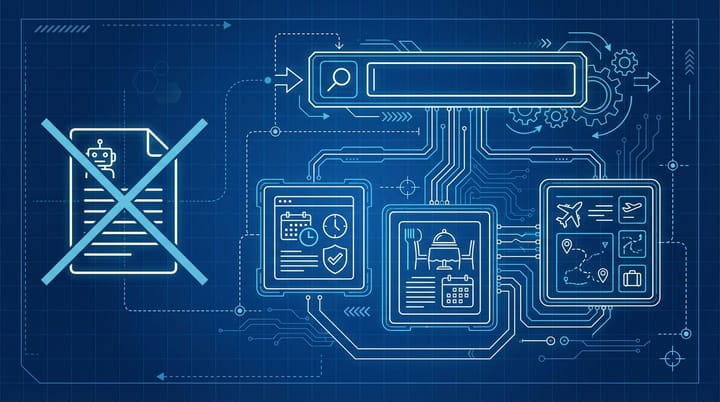 Blueprint-style technical diagram showing a search interface transforming into a task control panel with booking confirmations replacing blue links