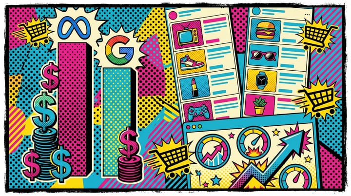 Pop art illustration of Meta and Google revenue charts with social media ad feeds and growth metrics on advertising dashboards
