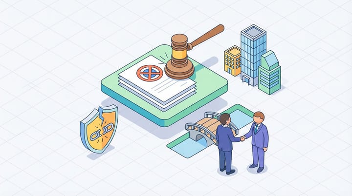 Isometric illustration of FTC gavel on advertising exclusion lists with agency buildings and brand safety shield