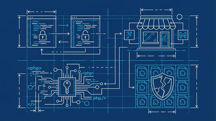 Blueprint-style diagram of WordPress plugin code blocks with hidden backdoor keys and broken security shields