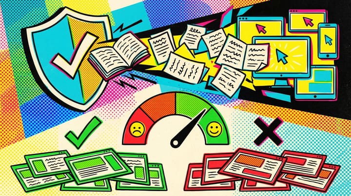 Pop art illustration of a digital shield sorting web pages into approved and rejected piles with a quality classification meter