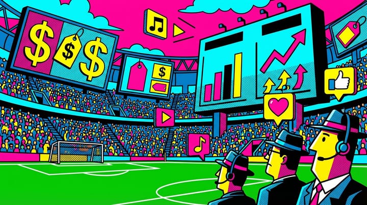 Pop art stadium scoreboard showing rising CPM prices next to floating social media icons