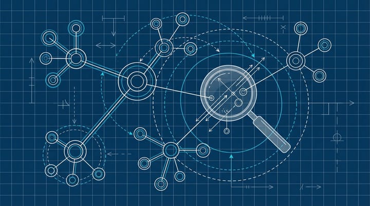 Blueprint-style diagram showing interconnected site architecture with hub pages linking to cluster content nodes