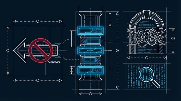 Blueprint diagram of a browser back button with blocked navigation paths and JavaScript code inspection