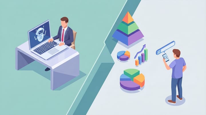 Isometric split of affluent pro using AI chatbot on laptop versus average consumer on traditional search with income data charts between them