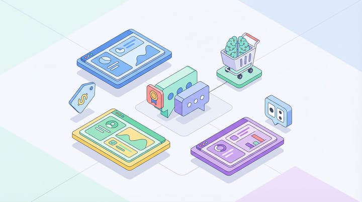 Isometric illustration of AI chatbot interfaces displaying sponsored ads to shoppers across four distinct platform screens with analytics overlays
