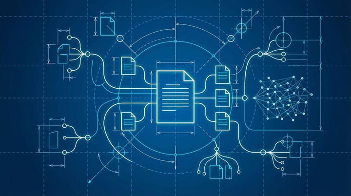 Blueprint-style diagram showing SEO content splitting from one long guide into focused satellite pages with ChatGPT citation markers