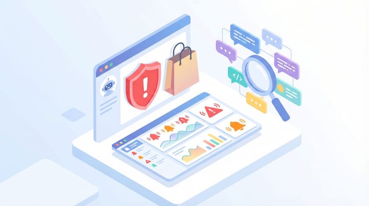 Isometric illustration of AI chatbot interface showing false scam warning next to a legitimate storefront with brand monitoring dashboard
