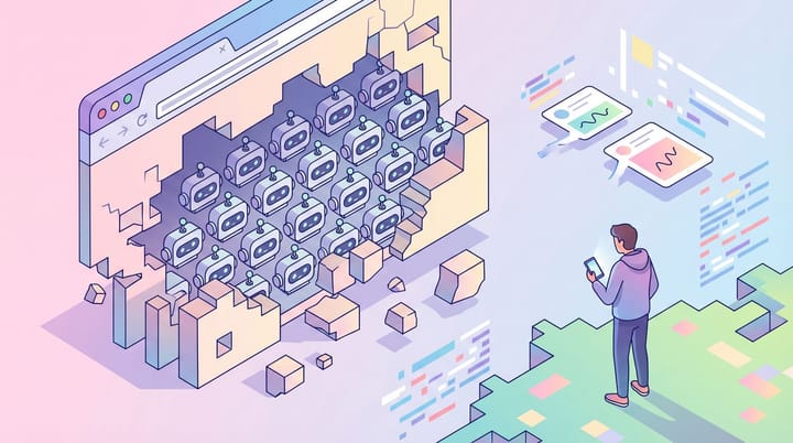 Isometric illustration of a digital landscape with rows of identical bot avatars filling browser windows while a lone human figure checks a phone