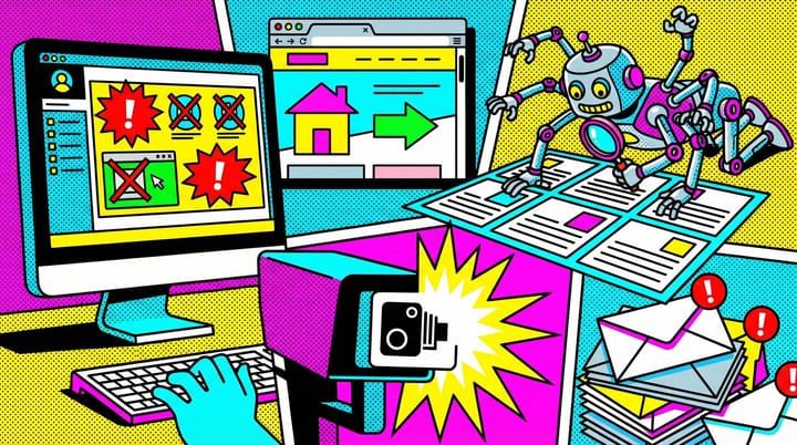 Pop art illustration of Google Ads dashboard with red disapproval warnings beside a browser showing a working website