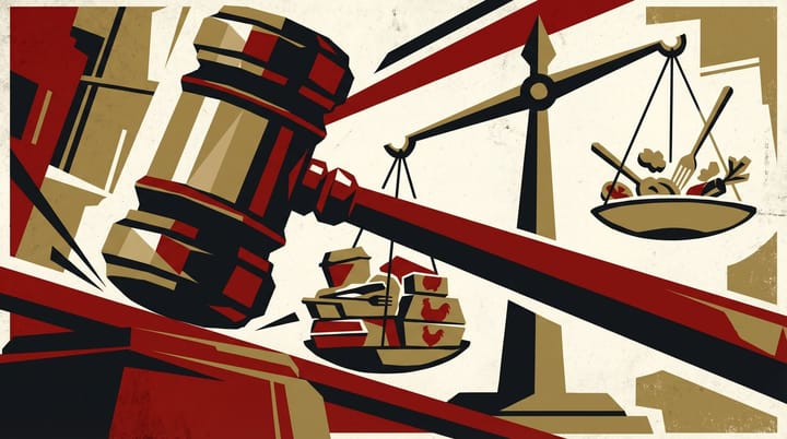 Propaganda-style poster with courtroom gavel and fast food trays depicting a competitive brand trial