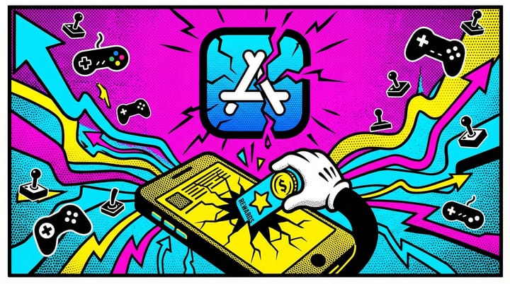 Pop art illustration of cracked smartphone screen with rewards app icon being removed from Apple App Store, data streams flowing out
