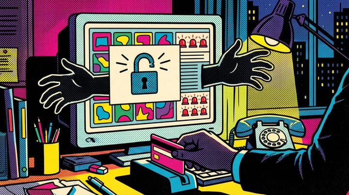 Pop-art illustration of a cracked padlock on a Google Ads dashboard with shadowy hands reaching through the screen