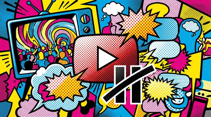 Pop art illustration of YouTube play button surrounded by erupting chat bubbles with ad pause icons on a connected TV screen