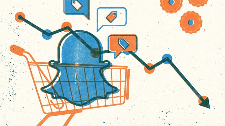 Snapchat ghost icon merging with shopping cart amid declining charts and chat bubbles in risograph style