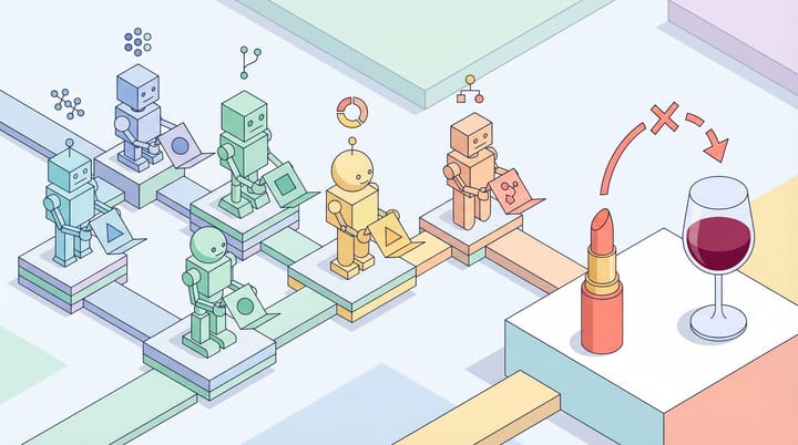 Isometric illustration of AI agents passing notes in a chain with integer taxonomy IDs replacing natural language text