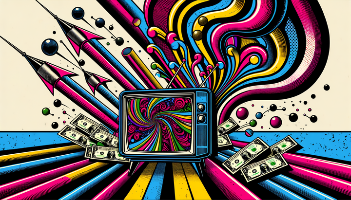 Pop art illustration of Meta's logo on a connected TV screen, with auction-pipe imagery routing through Magnite and FreeWheel toward a rising CPM chart.