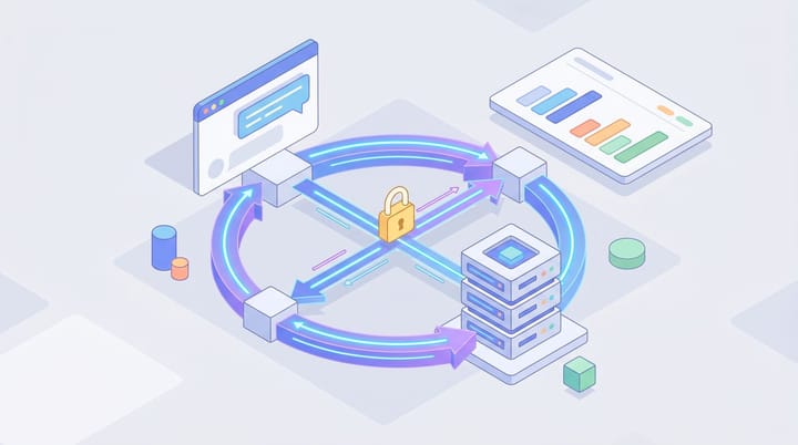 Isometric illustration of a closed data loop connecting a ChatGPT window to an OpenAI server, with an external MMM dashboard disconnected outside.
