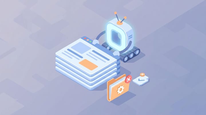 Isometric illustration of an OpenAI crawler robot scanning landing pages with a robots.txt file showing a GPTBot disallow rule that misses the new OAI-AdsBot user-agent