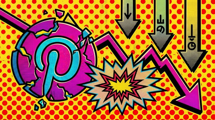 Pop-art illustration of a Pinterest logo distorted against a falling stock chart with three red downward arrows labeled November, January, February