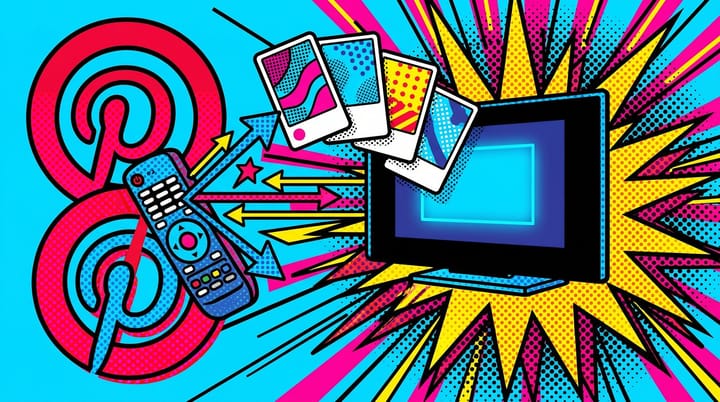 Pop-art collage with the Pinterest logo connecting to an LG-style connected TV screen, with floating pin cards, halftone dots, and a 600M typographic burst.