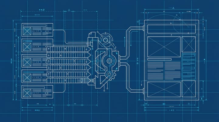 Blueprint-style diagram showing Polymarket bet rows infiltrating a Google News headline layout, with structural lines connecting the bet pages to NewsArticle schema fields