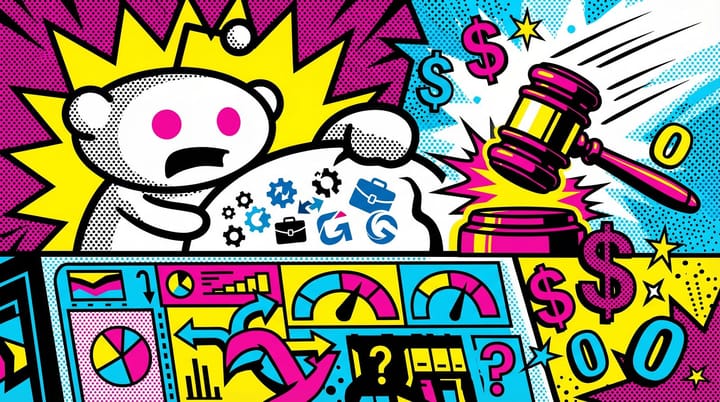 Pop-art illustration of Reddit mascot towering over B2B vendor logos while a Google Ads Smart Bidding dashboard shows confused metrics
